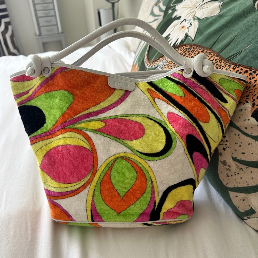 Authentic Emilio Pucci Multicolor Cloth Beach Tote with White Leather Handles